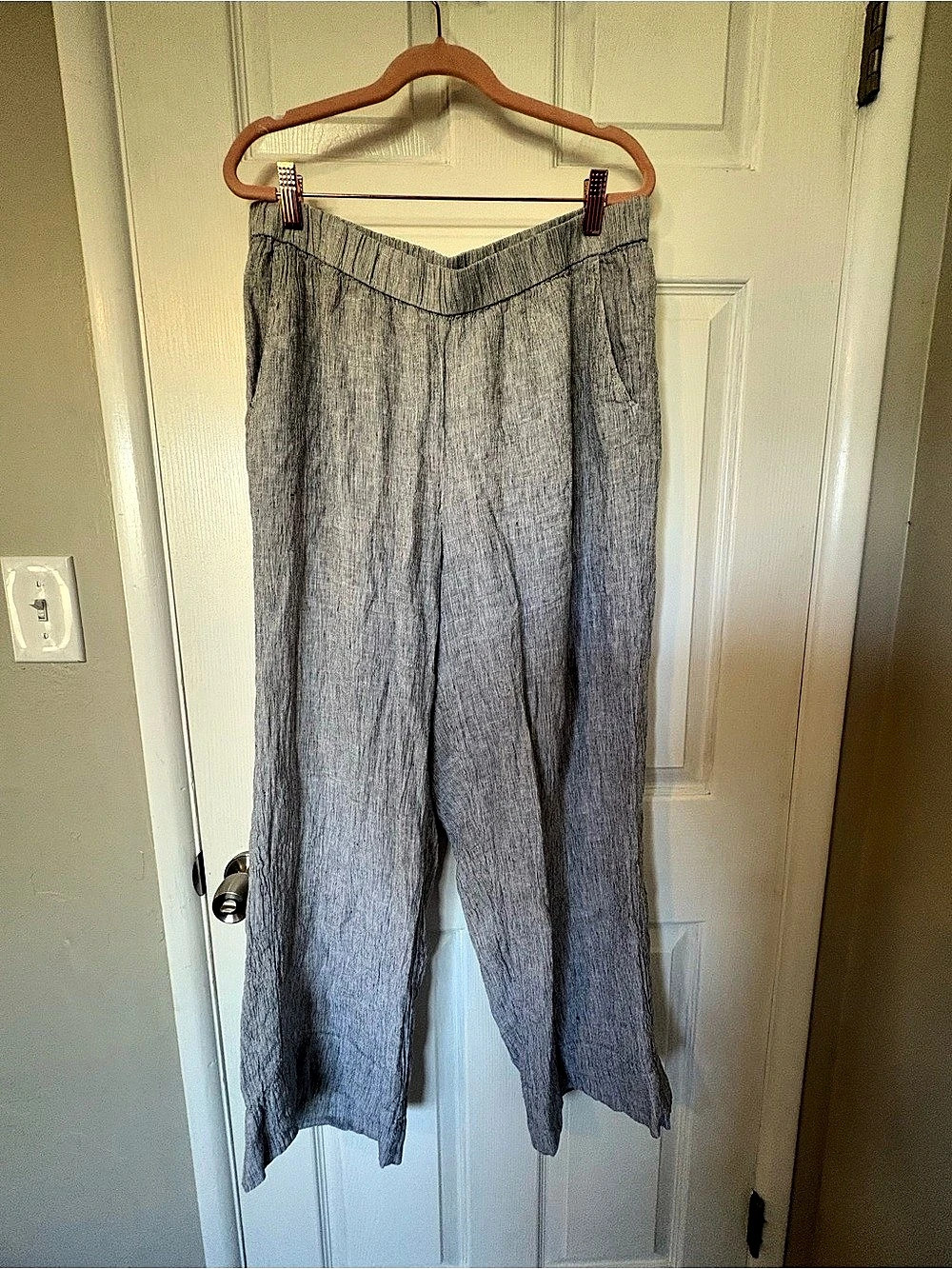 Eileen Fisher Puckered Organic Linen Stripe Wide-Leg Pant Gray XL